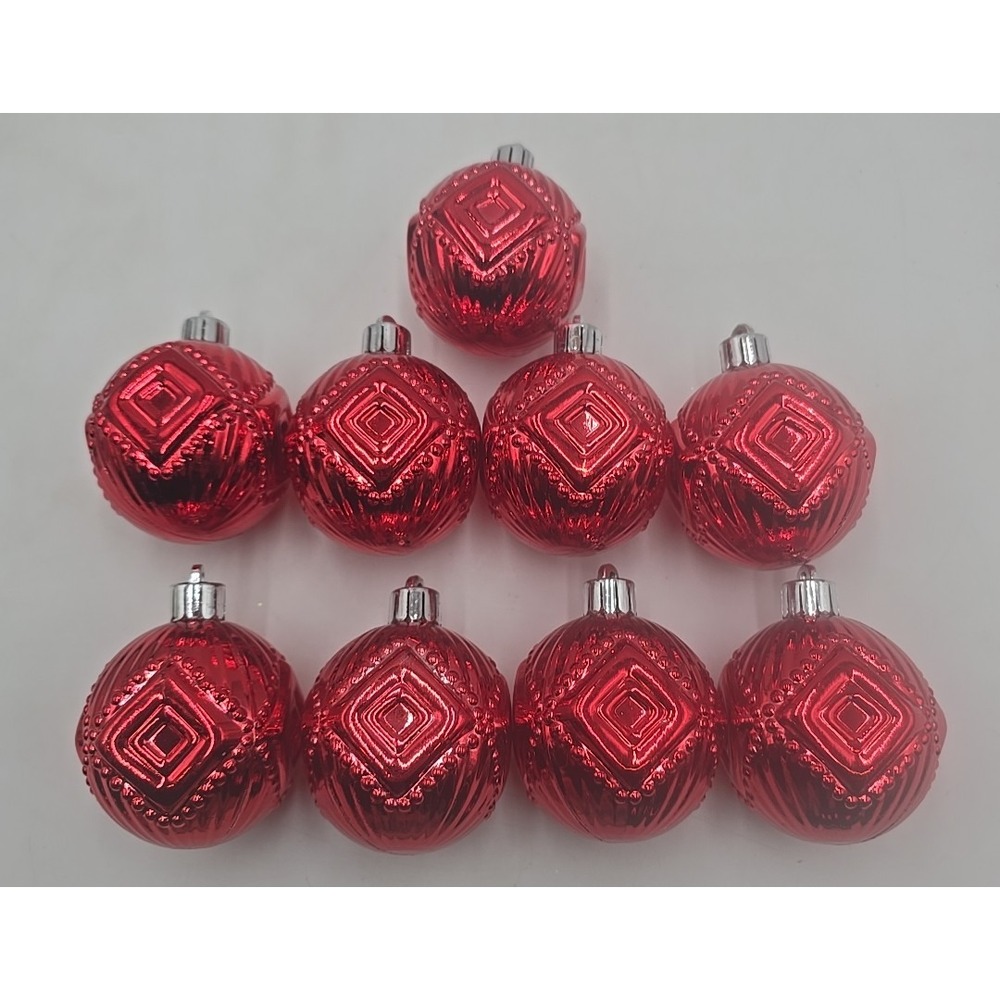 Vtg Christmas Tree 9 Holiday Tree‎ Red Embossed Geometric Diamond Ornament's